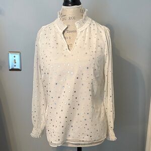 Talbots Winter White Blouse with Silver Polka Dots